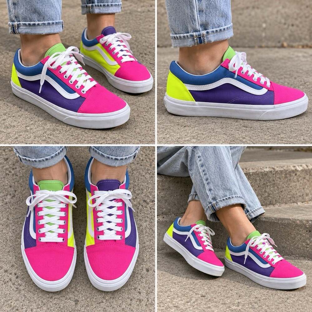 Vans Old Skool Neon Colorblock Shoes Mens 9.5 Womens 11 Pink Purple Blue Yellow